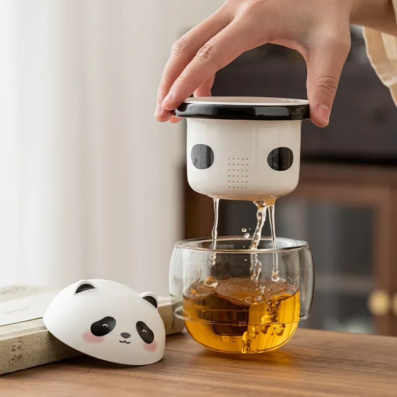 Chinese Cultural Creative National Treasure Panda Tea Cup Personal Ceramic Water Cup Glass Tea Water Separation Office Teaware