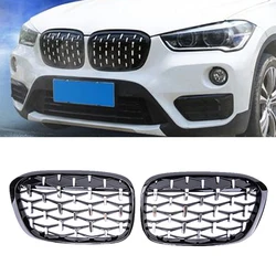 For BMW X1 F48 F49 Car Diamond Front Kidney Grille Racing Grill 16-19 Gloss Black Grills Accessories Grills Car Styling Grilles