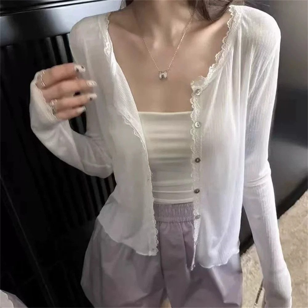 

Korean Summer Lace Patchwork Cardigan Women Clothing Knitting Thin Single Breasted Fashion Sweet Sweater Tops