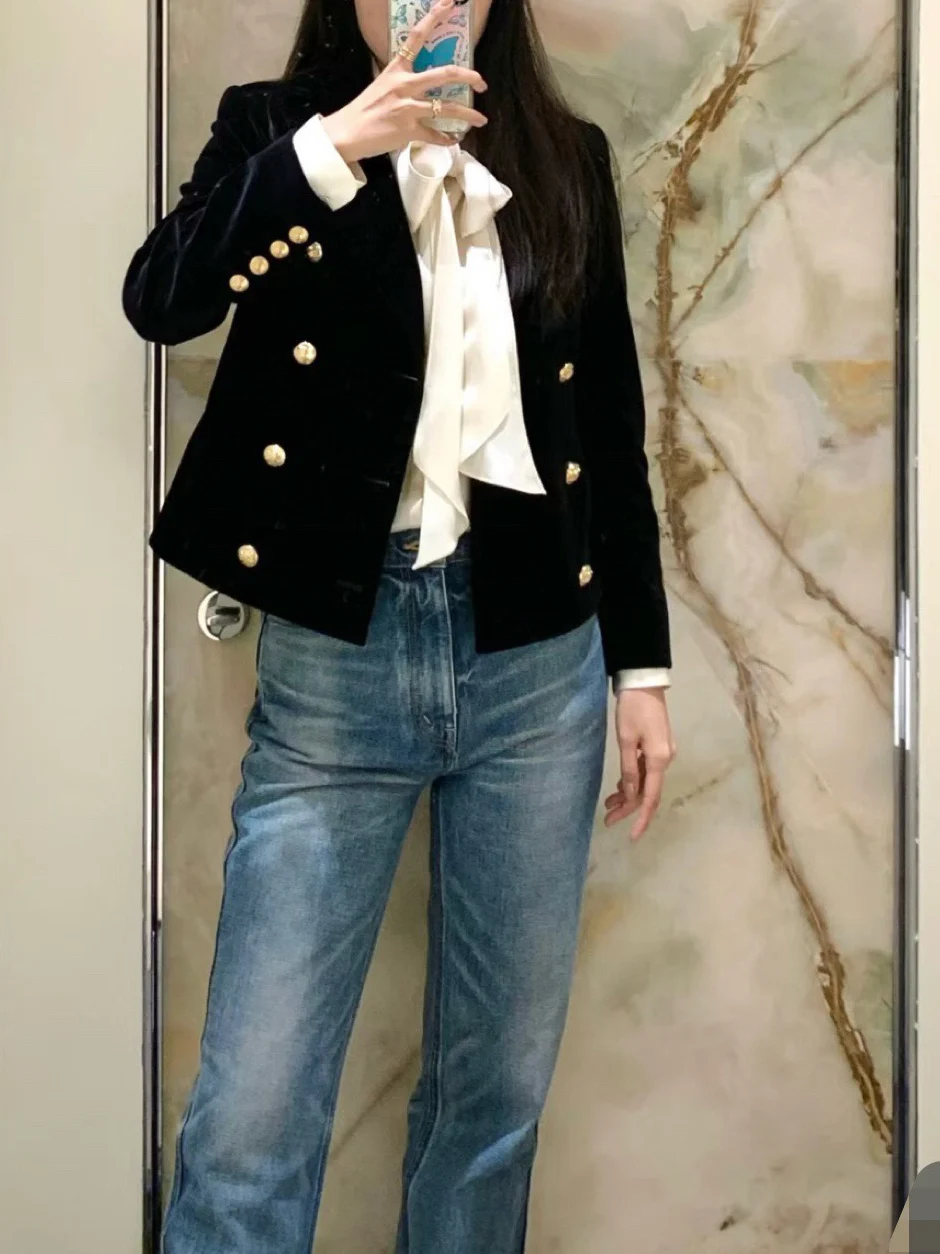 

Fall 2025 Velvet Jaet Double Row Gold Bule Slimming Versatile Top for Women Luxury Straight Cut Long Sve round Ne ...