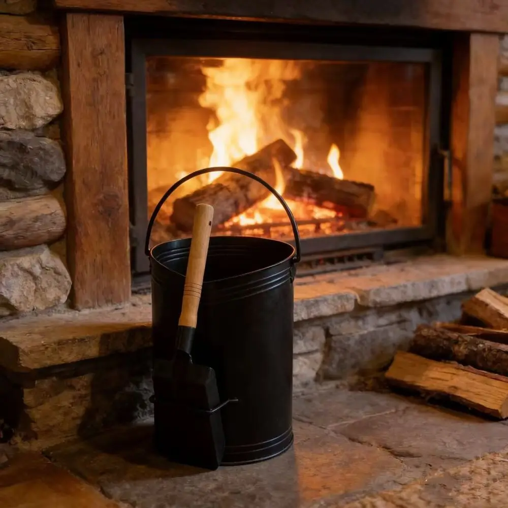 Sturdy Iron Ash Bin With Shovel Brush Tool Set For Fireplace Wood Burning Stove Outdoor Fire Pit Cleaning Supplies