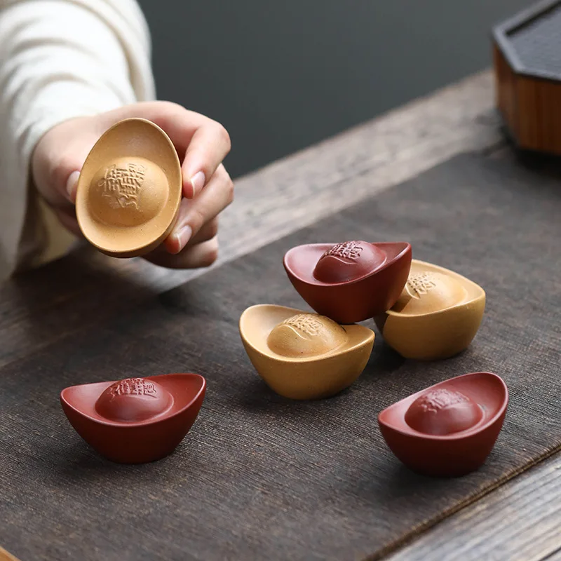 Handmade Yixing Zisha Gold Ingot Tea Pet Duan Ni Clay Figurine Tea Table Decor Gift Box Home Tea Set Accessory