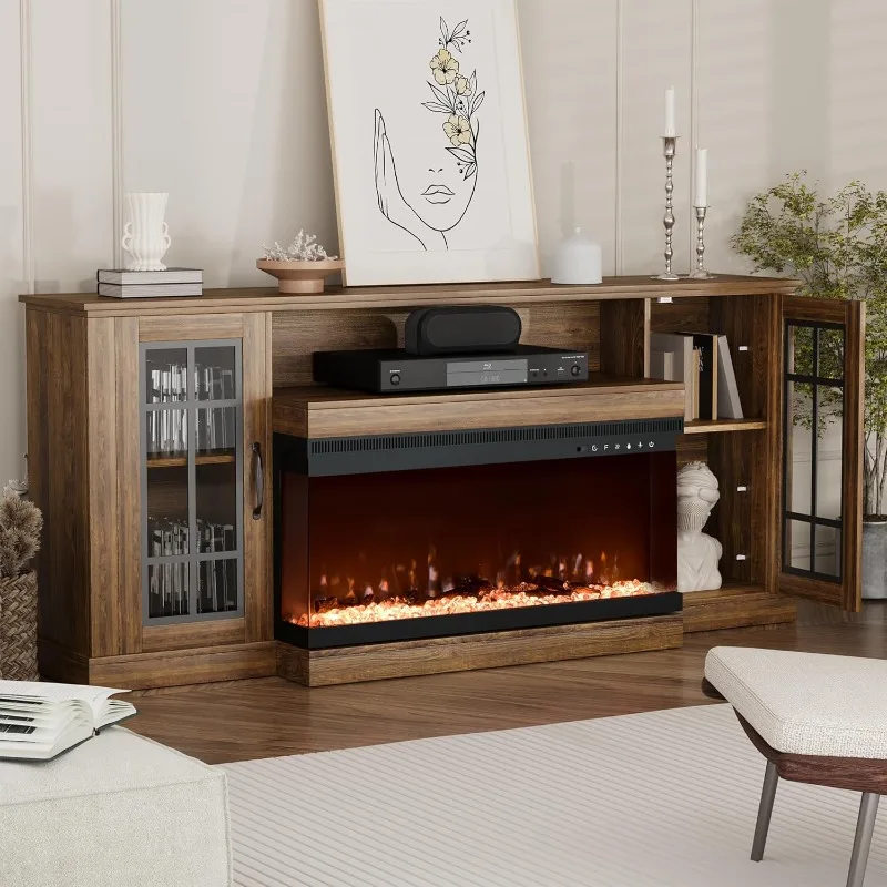 

3-сторонняя подставка для камина в фермерском доме для телевизоров с диагональю до 80 дюймов, медиаразвлекательный центр с прозрачным дверным шкафом для хранения вещей