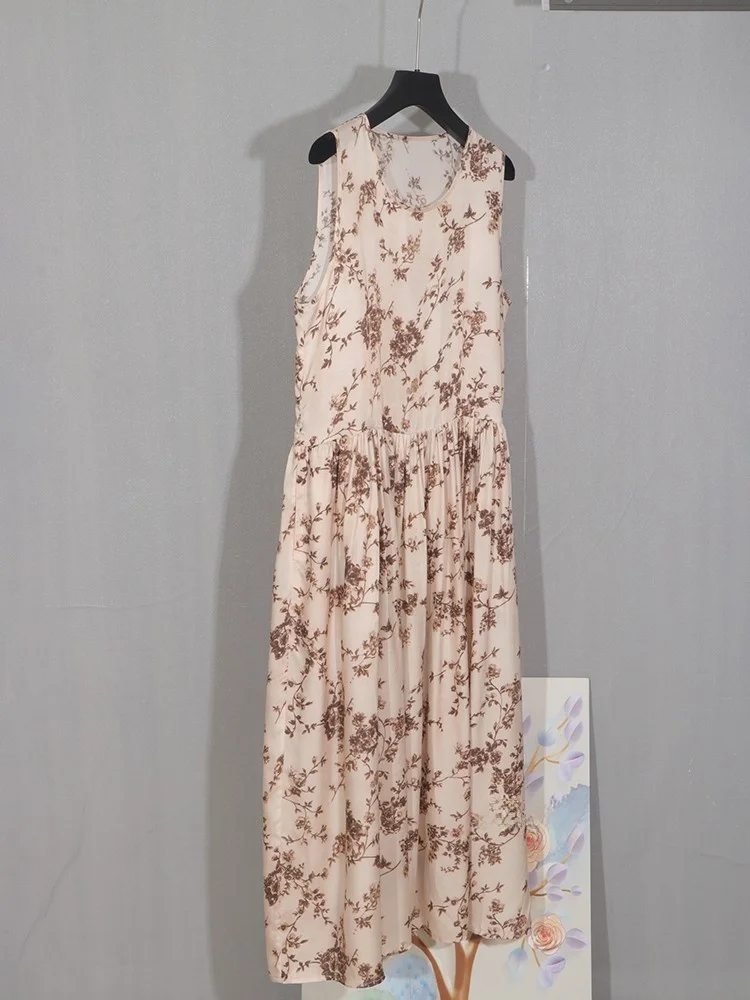 Retro Chinese Sle Print Dr Copper Ammonia Silk Vest Loose round Ne Casual Artistic Skirt Summer Season Women's Dr