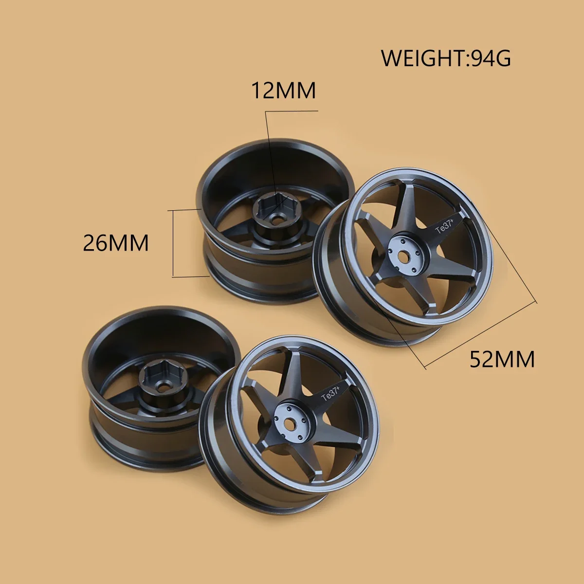 4pcs 52mm 1/10 RC On-Road Drift Racing Car Metal Wheel Rim Wheel Hubs TE37 for Tamiya Kyosho HSP HPI Sakura Traxxas RedCat