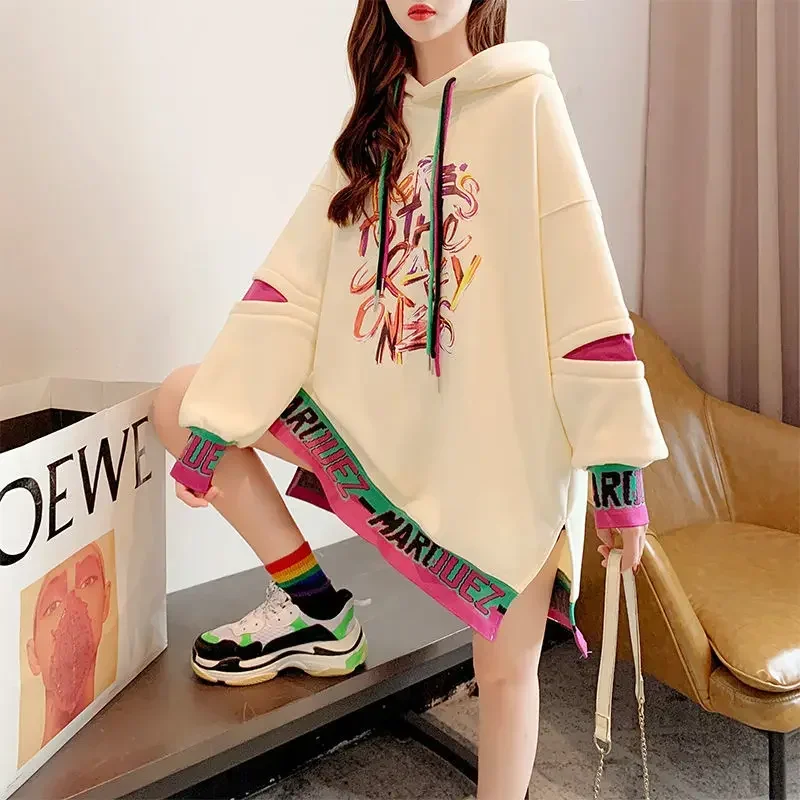 

Long Sleeved Loose Mid Length Hoodie Women's Autumnwinter New Hooded Print Patchwork with Contrasting Colorscasual Versatile