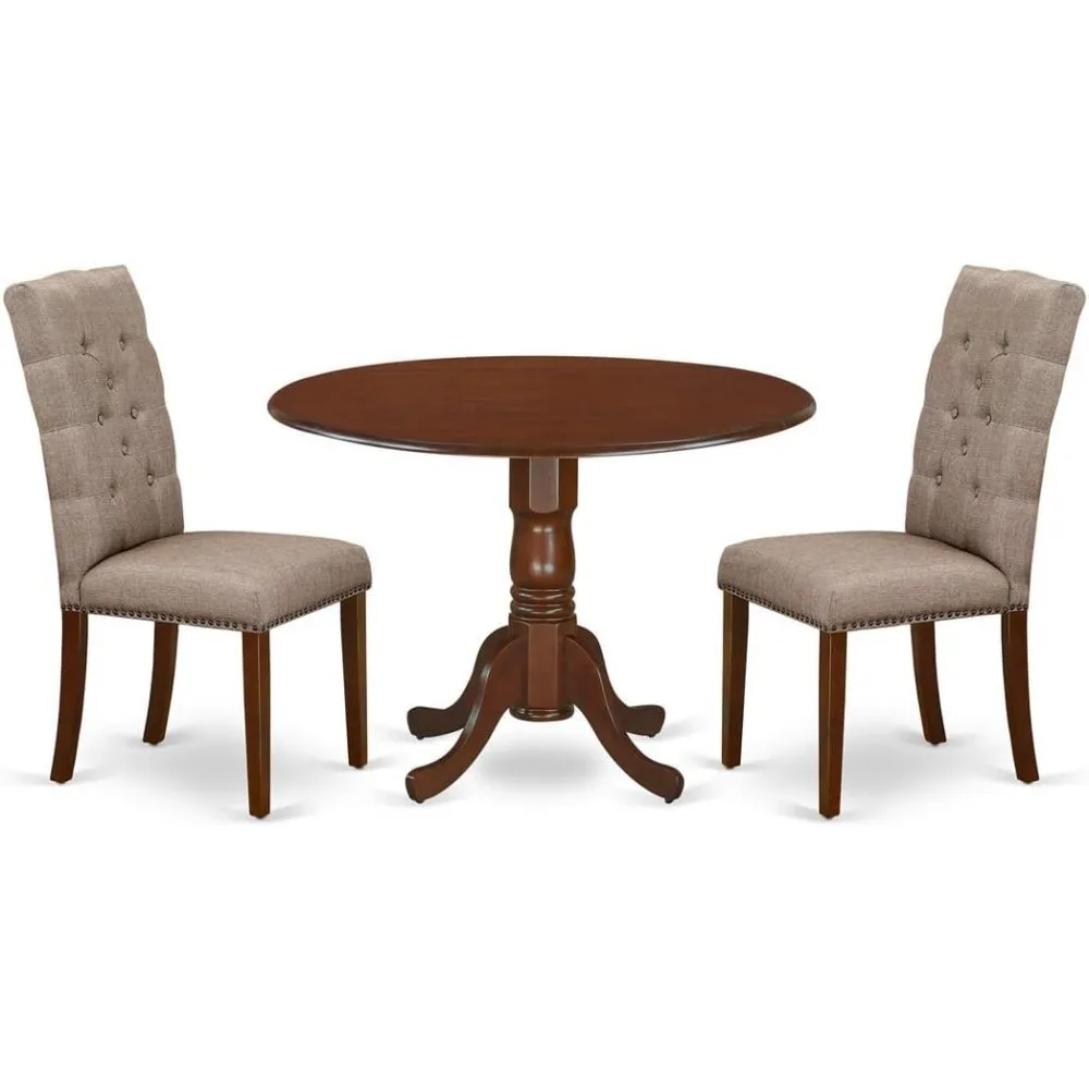 3 Piece Kitchen Table Set Contains a Round Dining Room Table with Dropleaf and 2 Dark Khaki Linen Fabric Upholstered Chairs