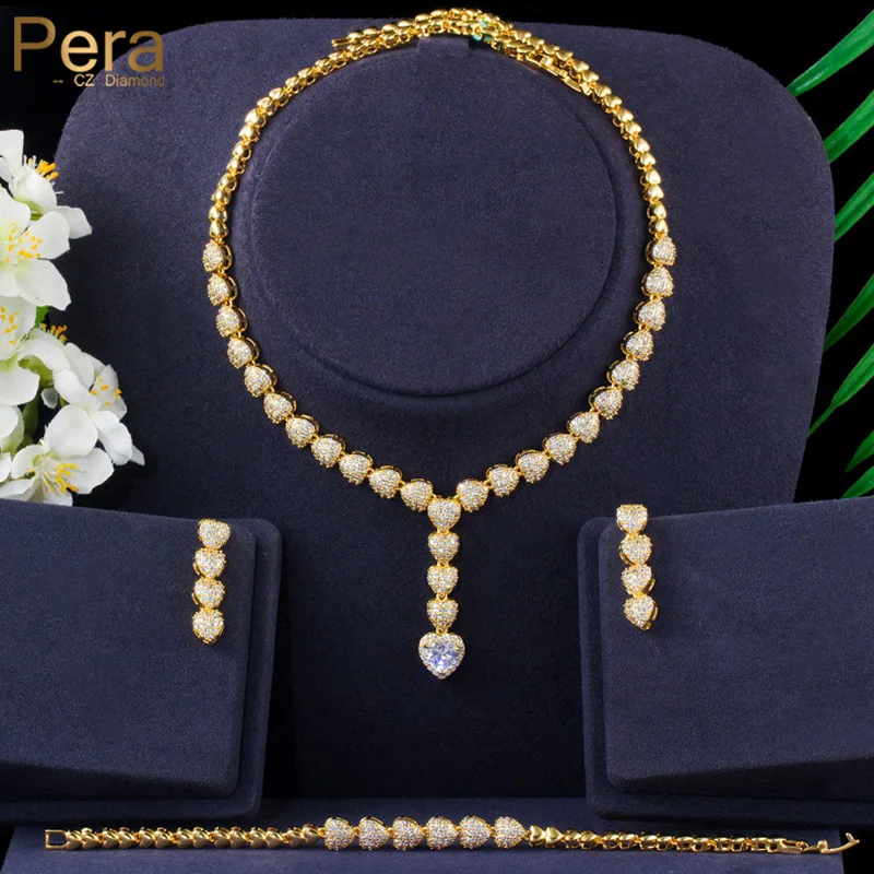 Pera Romatic Wedding Party Costume Jewelry Long Love Heart Cubic Zirconia Drop Necklace Earrings and Bracelet Set for Women J321