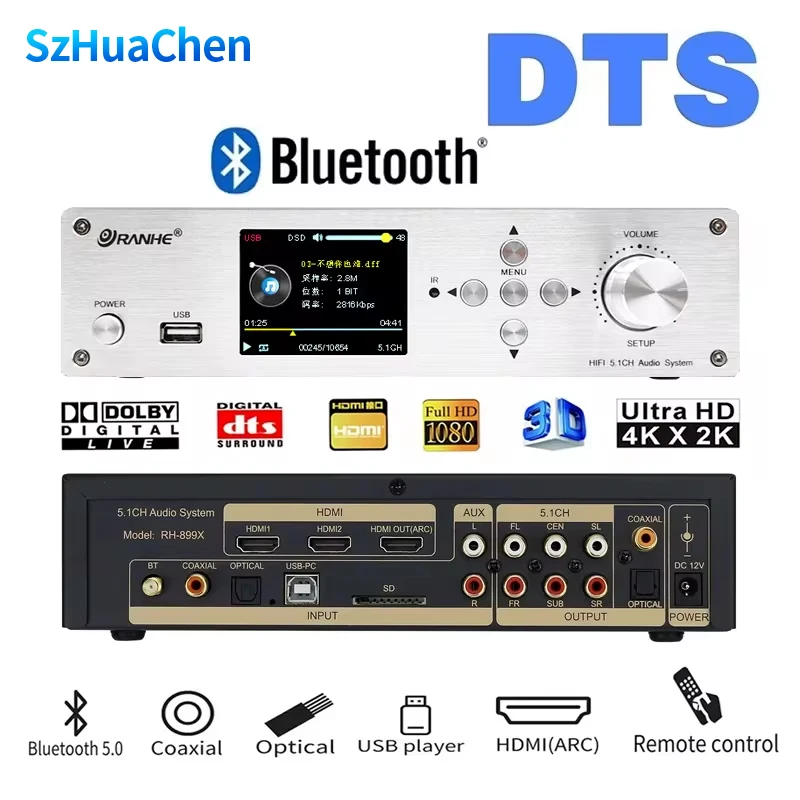 DTS Dolby Digital 5.1 Decoder Digital to Analog Audio Converter HDMI2.0 Switch SPDIF Coaxial Bluetooth5.0 ARC PC-USB Drive Input