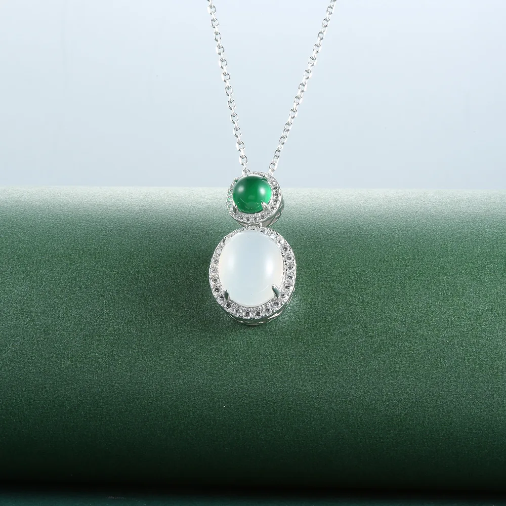 S925 Silver Whole Body Sterling Silver Chalcedony Green Gourd Necklace Agate Egg Surface Necklace Luxury Set New Chinese Style