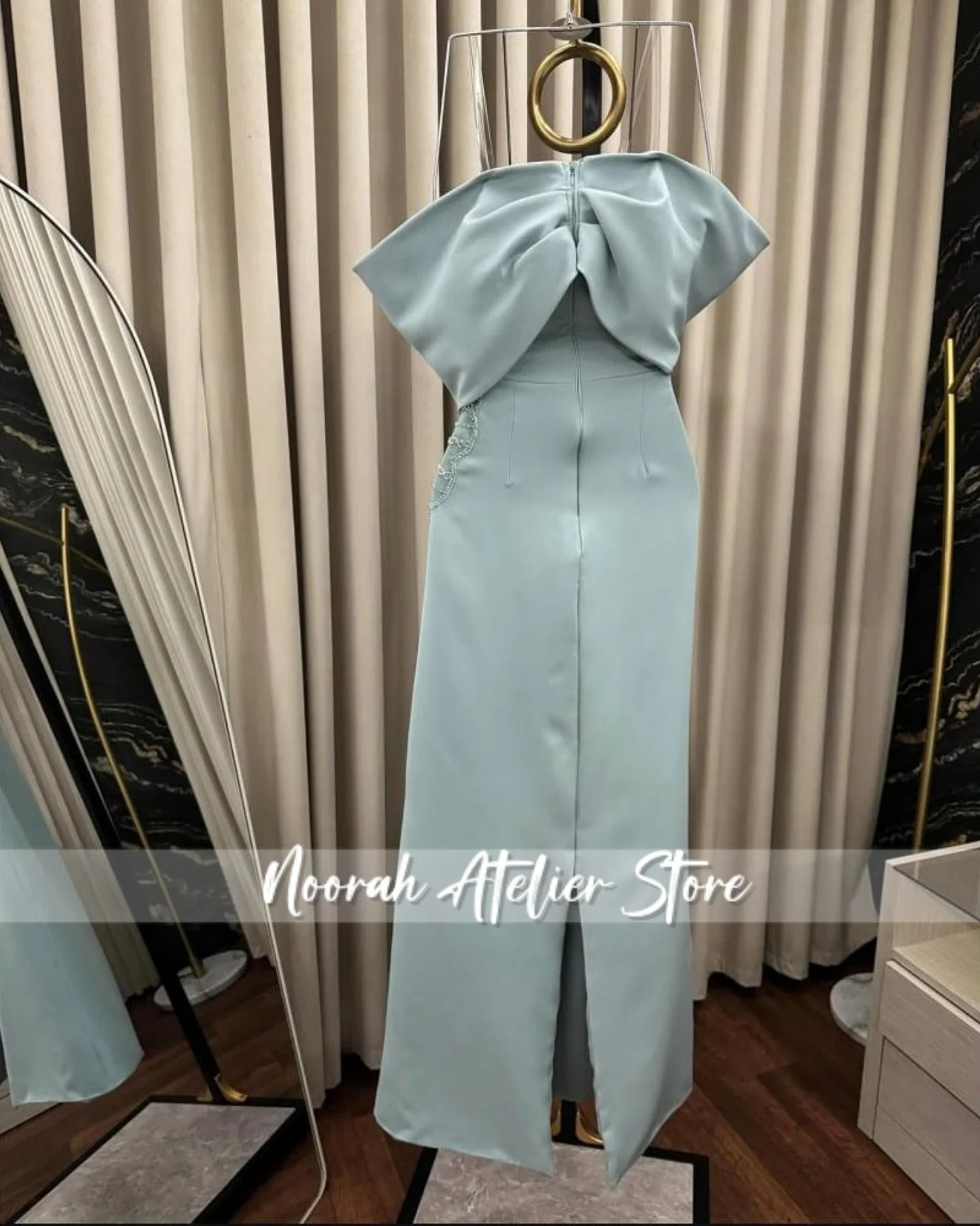 فساتين سهرة نسائية فاخرة جديدة مكشوفة الكتفين مطرزة باللون الأخضر الفاتح 2025 فستان حفلات طويل بفيونكة دبي مخصص