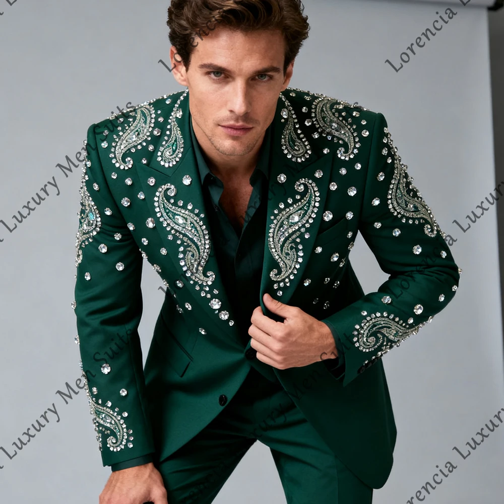 

Fashion Design Men Suits 2 Piece Crystal Tuxedos Wedding Party Outfit Customized Blazer Pants Male Prom terno smoking masculino