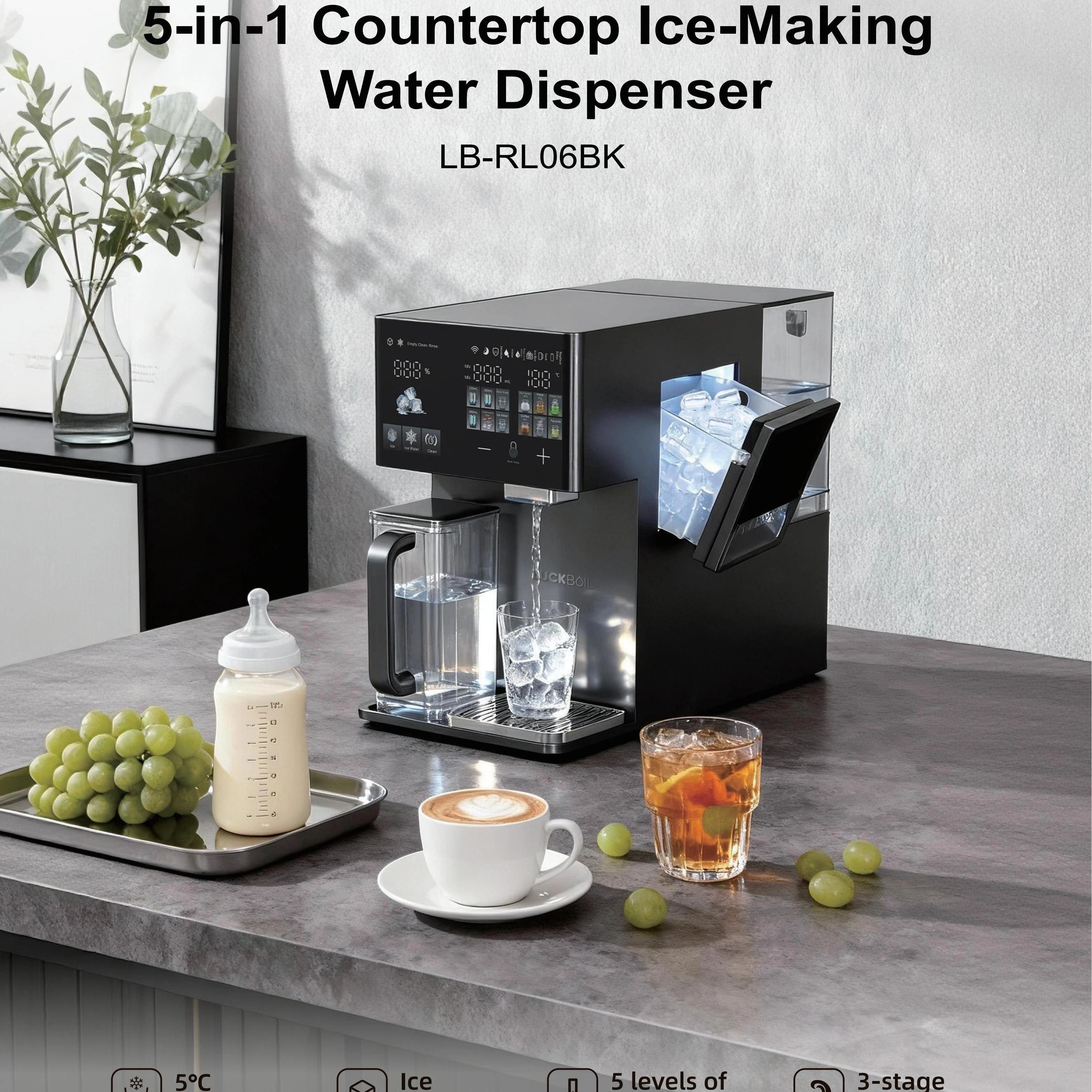 5-in-1 countertop ice maker and water dispenser, featuring an RO membrane for household plastics, requiring no installation.