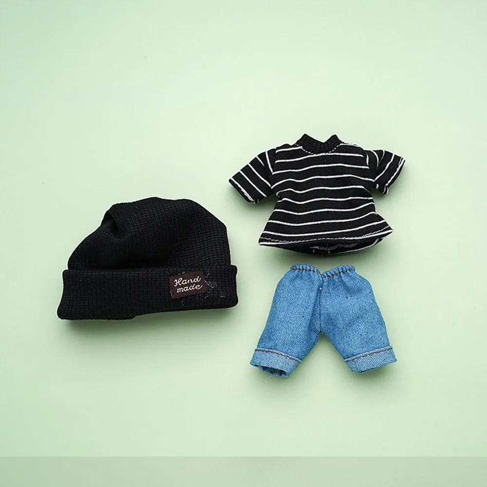 Conjunto de ropa para muñecas Bjd, Tops de moda, camiseta a rayas, pantalones vaqueros, sombrero en miniatura de punto para muñecas Bjd, juguetes Ob11, 17cm, 1/8