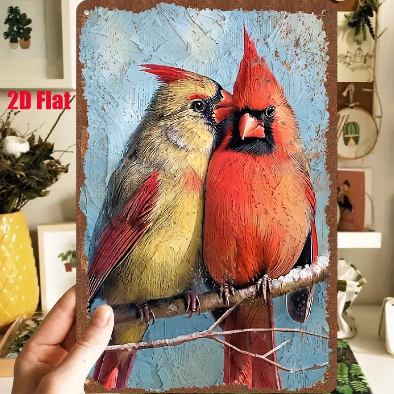 2D Flat - 1pc 2D [Flat] Metal Sign Vintage Tin Art 8X12 Inches / 20X30 Cm, Depicting a Pair of Colorful Cardinals Perched on a B