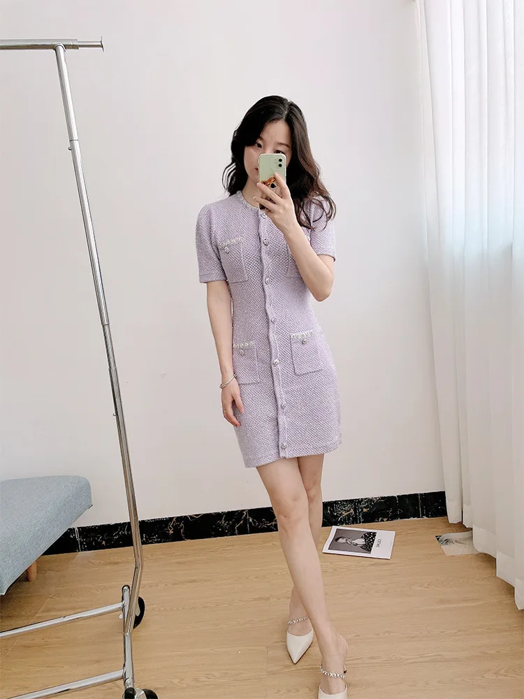 Luxury Crystal Knitted Dresses Women\'s 2026 Summer Holiday Single Breasted Pearl Sequins Flower Pencil Evening Party Vestidos