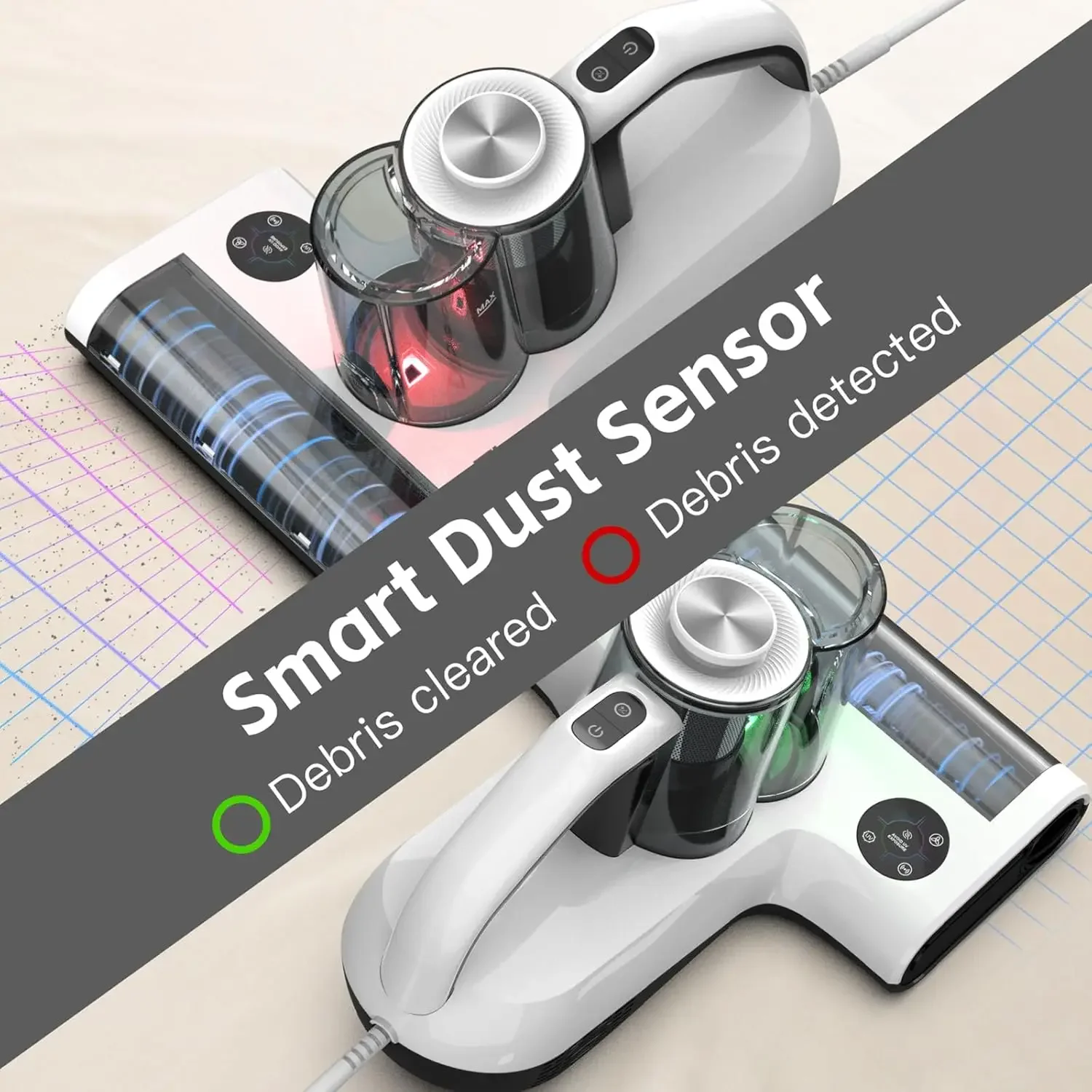 เครื่องดูดฝุ่นที่นอน, เครื่องดูดฝุ่นเตียงเบาะ, แรงดูด 18KPa, 140 ℉   เครื่องทําความร้อน, เซ็นเซอร์กันฝุ่นอัจฉริยะ, HEPA F แบบล้างทําความสะอาดได้