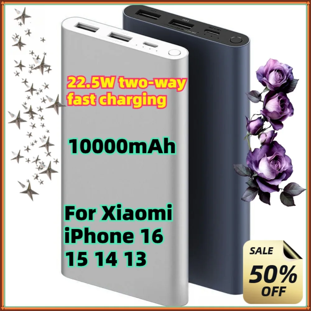 Power Bank 3 Ports USB-C Fast Charging Aluminum Alloy Support Low Current Mode For Xiaomi iPhone 16 15 14 13 10000mAh 22.5W