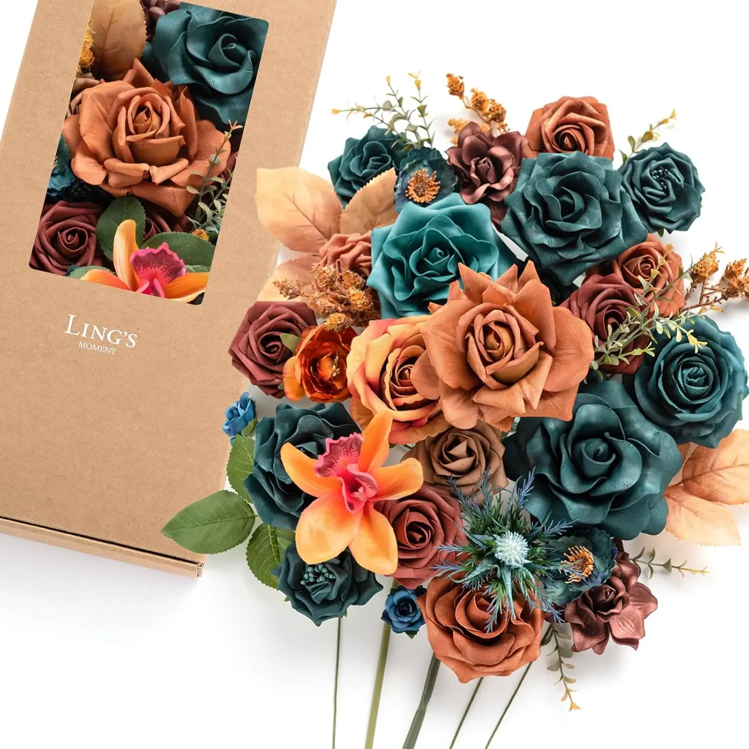 

Artificial Silk Flowers for Centerpieces, Teal & Burnt Orange Deluxe Combo - Wedding Vase Decorations