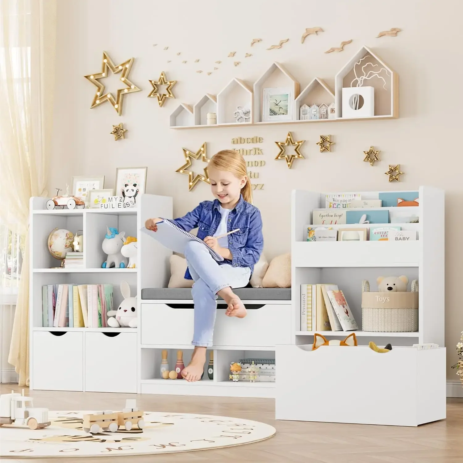 72” kinderboekenplank met leeshoekje, supergrote speelgoedopbergorganisator met zitkussen en 3 verplaatsbare lades, kinderen lezen nr