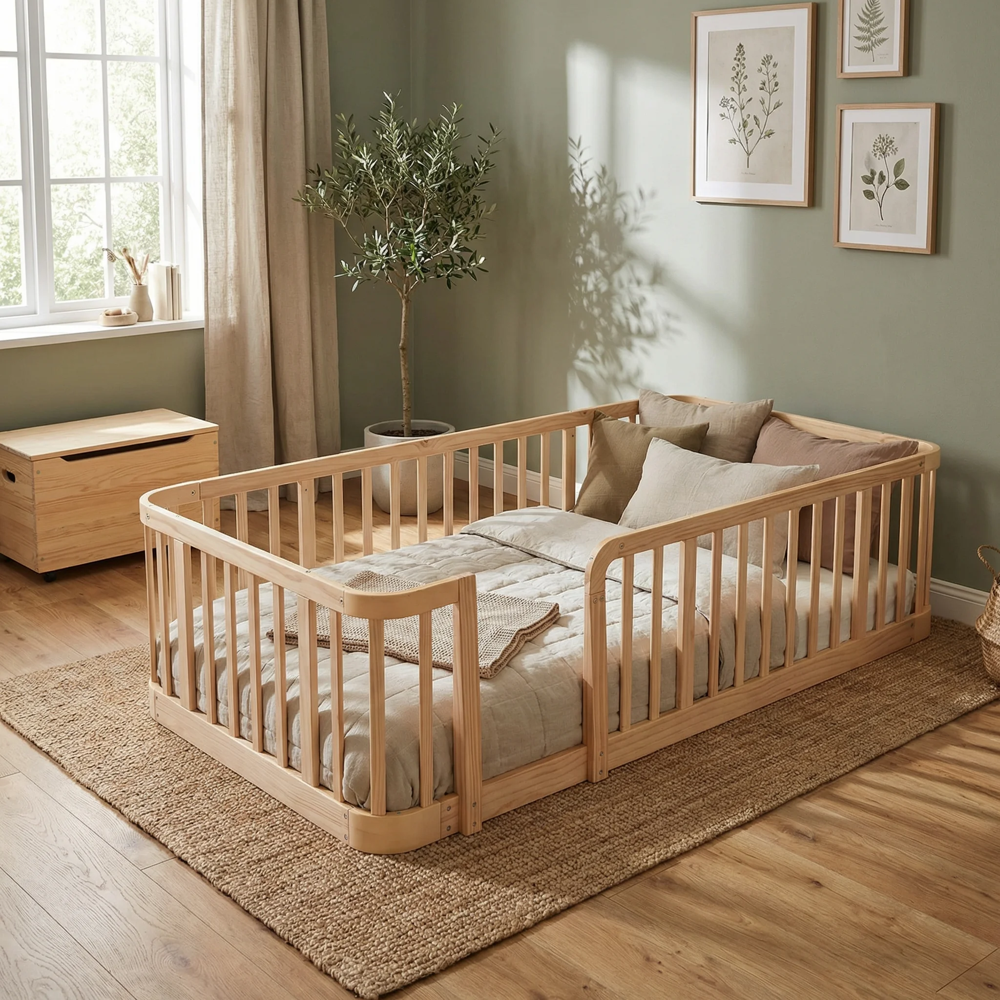 90*200cm Natürliches Holz-Modular-Laufgitter für Babys, 7cm Sicherheitsstangenabstand, Abgerundete Kanten, Anti-Klemm-Bodendesign für Vielseitige Babysicherheit