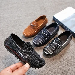 Boys Leather Shoes Round-toe Flat Soft Kids Fashion Casual Loafers Glossy Metal Buckle Children Moccasins Non-slip Britain Style