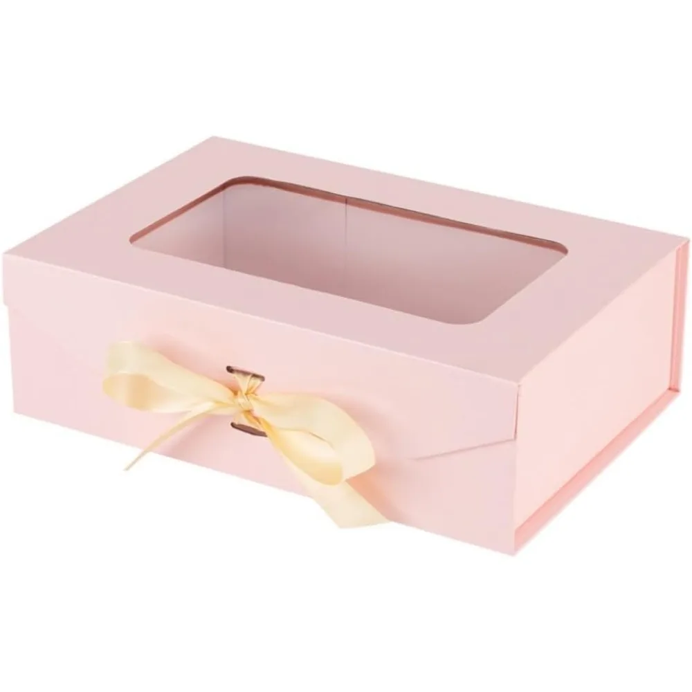 

Pink Gift Box for Presents with Ribbon 10.8x7.5x3.5 Inches Clear Gift Box with Window Magnetic Closure Gift Boxes with Lids