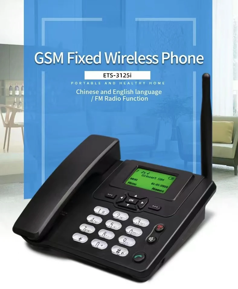 GSM Cordless Telephone Landine GSM Fixed Wireless Desktop Phone with FM/1sim ETS3125i