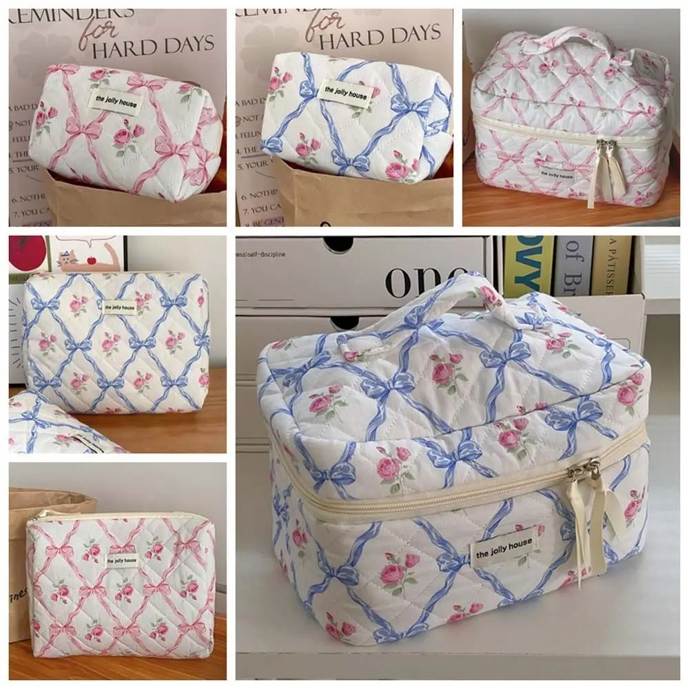 Bowknot Flower Large Cosmetic Bag Pink Blue Travel Supplies Coin Purse Quilted Cotton Zipper Flower Makeup Bag Storage