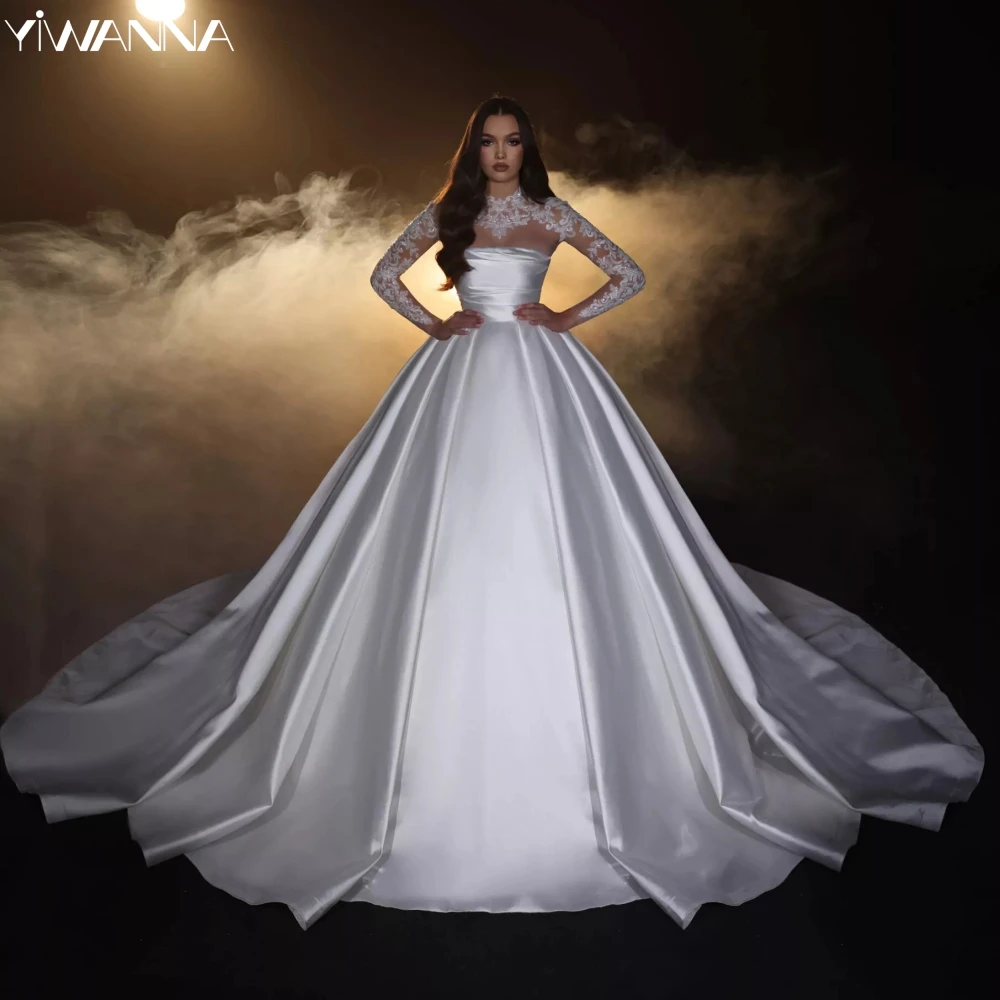 Shinny Lace Appliques Wedding Dress Modest High Collar Long Sleeve Bridal Gown Customzied Luxurious Elegant Dresses For Bride