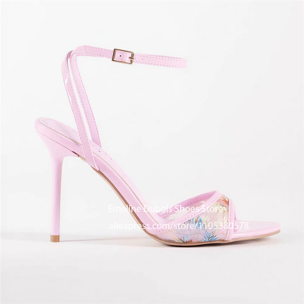 

Pink Flower Embroidered Mesh High Heel Sandals Ankle Strap Round Toe Stilettos Elegant Party Wedding Prom Dress Shoes for Women