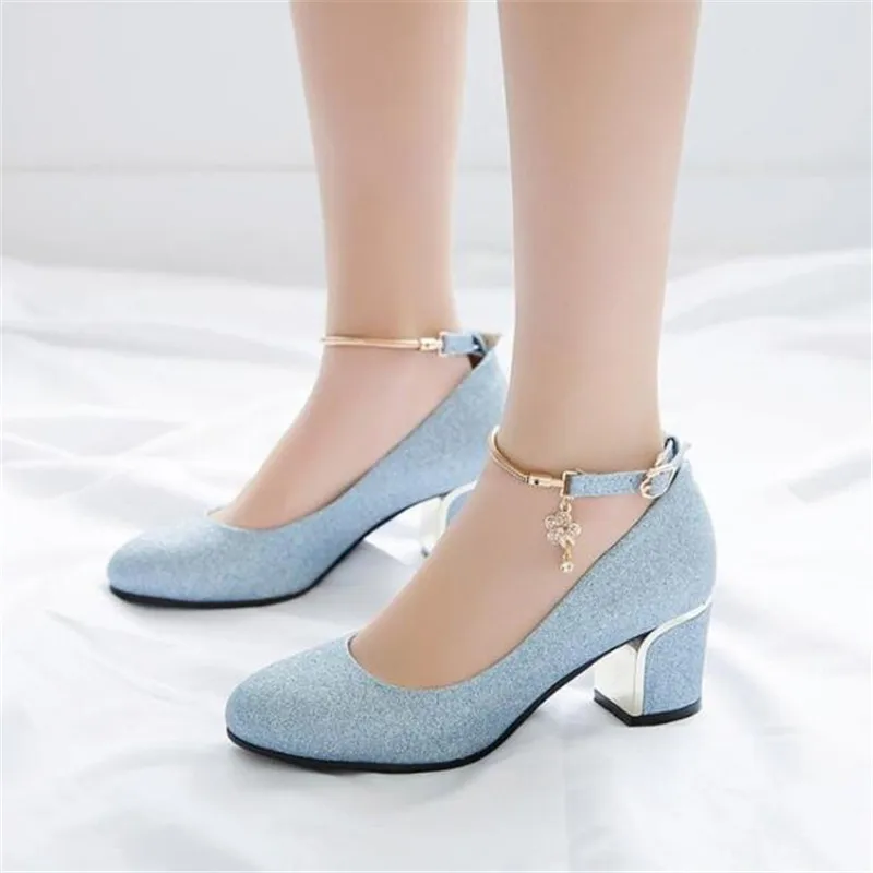 

Fashion Sequin Girls Leather Shoes Woman Dress High Heel Shoes Ladies Buckle Heel Pumps Party Wedding Shoes Size 32-43