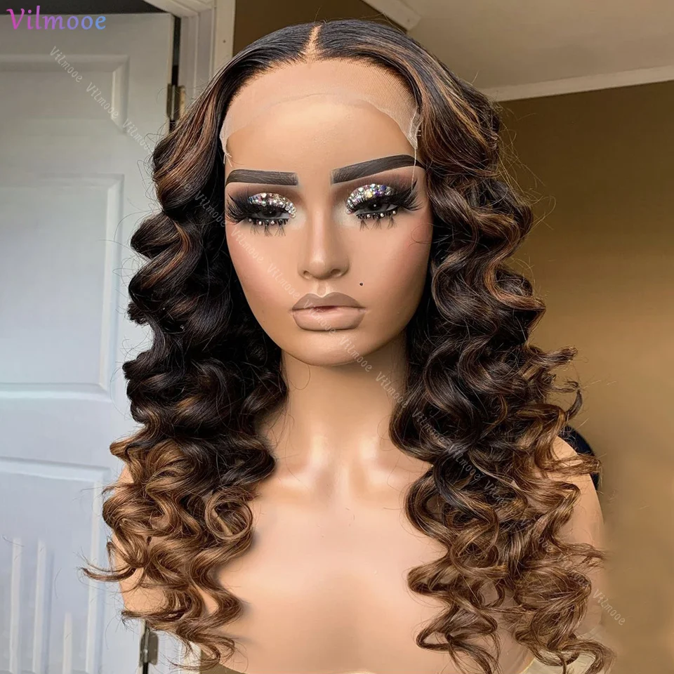 Highlight Ombre Brown Loose Deep Wave Lace Front Wig Pre-Plucked 5x5 Silk Base Closure Wigs Highlights Human Hair Wigs For Women