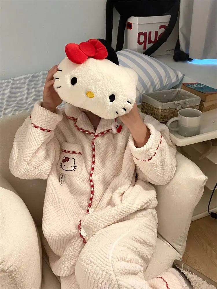 

Женский зимний жаккардовый флисовый пижамный комплект Hello Kitty 2025, плюшевая термоуютная одежда для сна и домашняя одежда для дома, мягкая теплая одежда