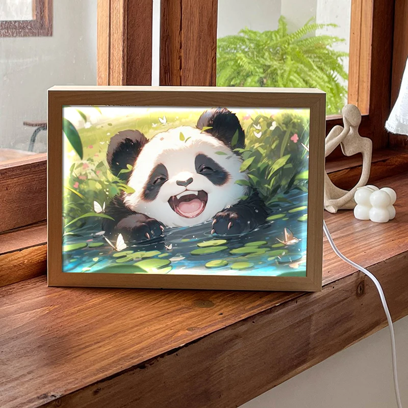 Cartoon Panda Cute Lamp,Wooden Photo Night Led Light Painting,Tricolor Dimming USB Plug Decoration Home Rechargeable Lamp Gift