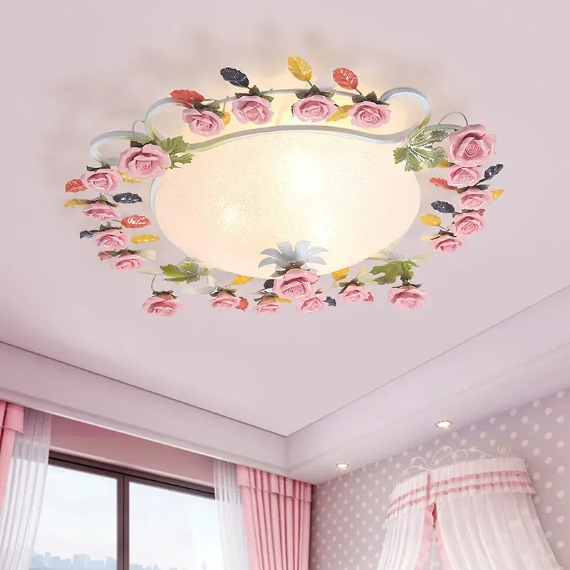 Pastoral Wrought Iron Flower Grass Ceiling Lamp Glass Shade Princess Bedroom Light for Girls Room Decor Vintage Style Fixture