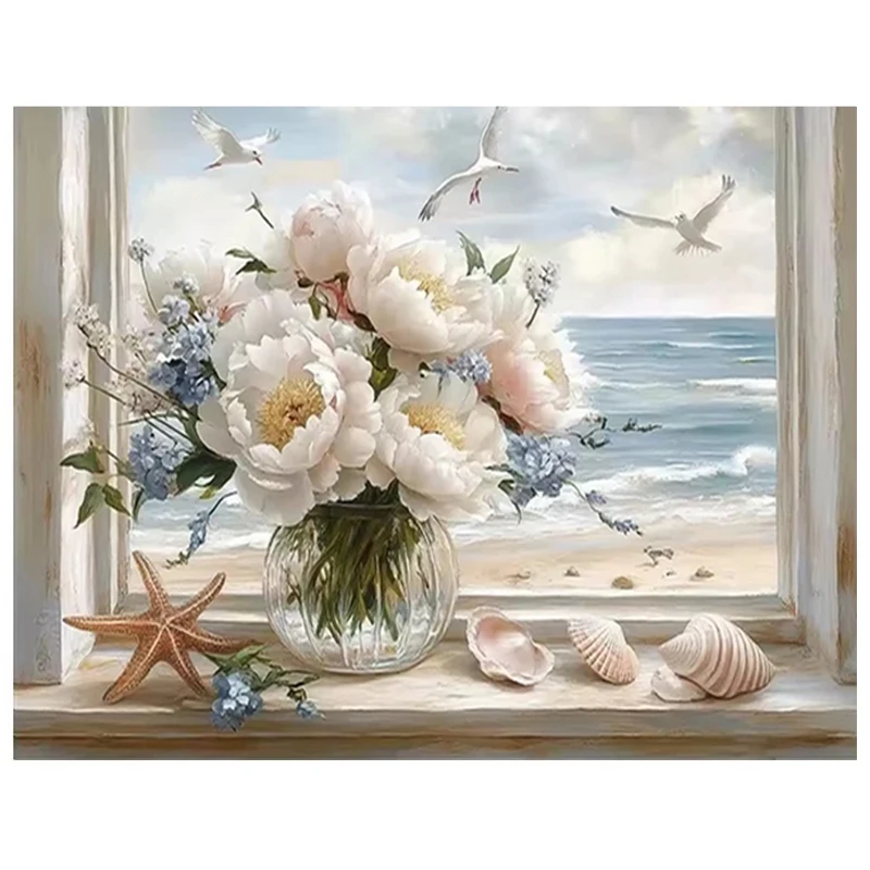 Pintura de Diamantes DIY, Vista al Mar desde la Ventana, Arte con Diamantes Cuadrados Completos, Sets de Bordado, Mosaico Hecho a Mano, Regalo