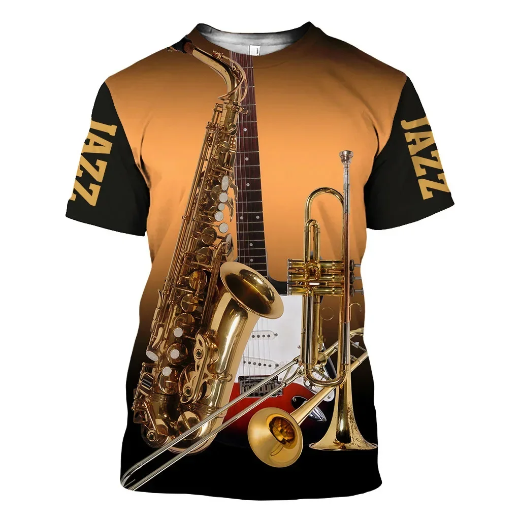 Summer Harajuku Piano Music Short Sleeve Hip Hop O Neck Vintage Casual Shirt Trend for Men Instrument Saxophone Graphic T-shirt