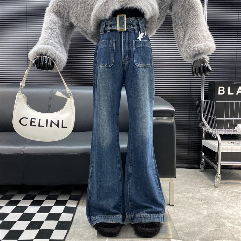 

Belt！New 2022 Designer new style Famous brand High waist Straight leg jeans Retro navy blue Pocket design Denim pants