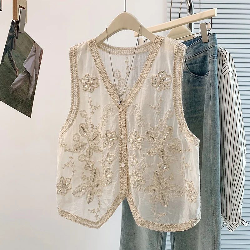 

Elegant Embroidered Lace Vest Women Summer V-neck Glitter Loose Slimming Sleeveless Fashionable Vest Breathable Cotton Blend