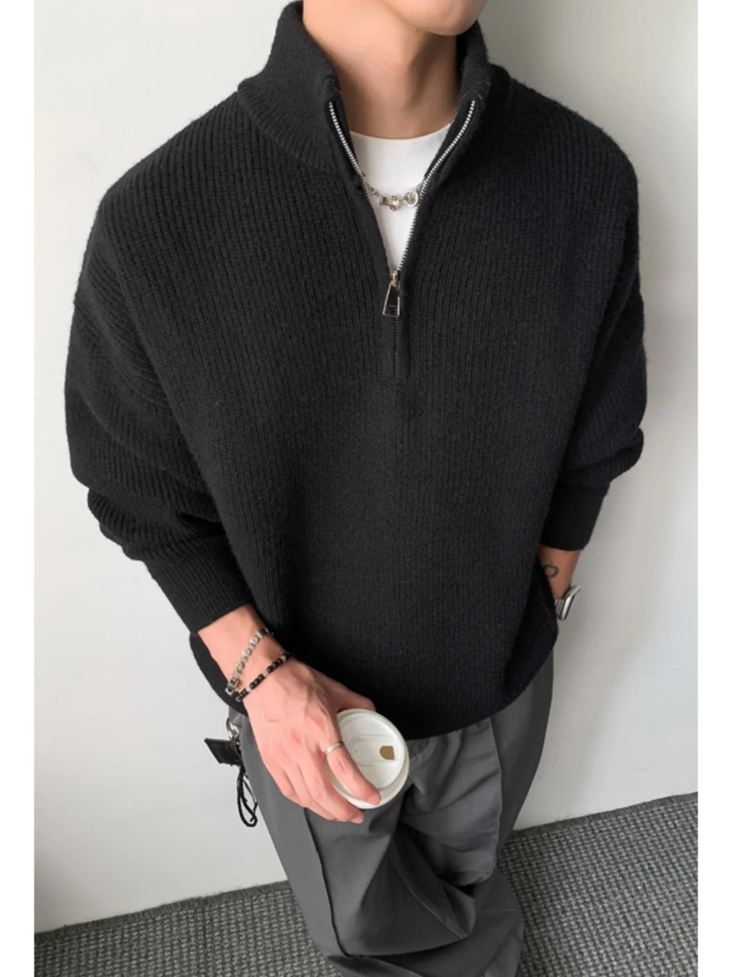 

American Retro f Zip Knitted Jaet Men's Loose Sweater Autumn Winter Stand Collar Knitwear Soft Comfortable Long Sve