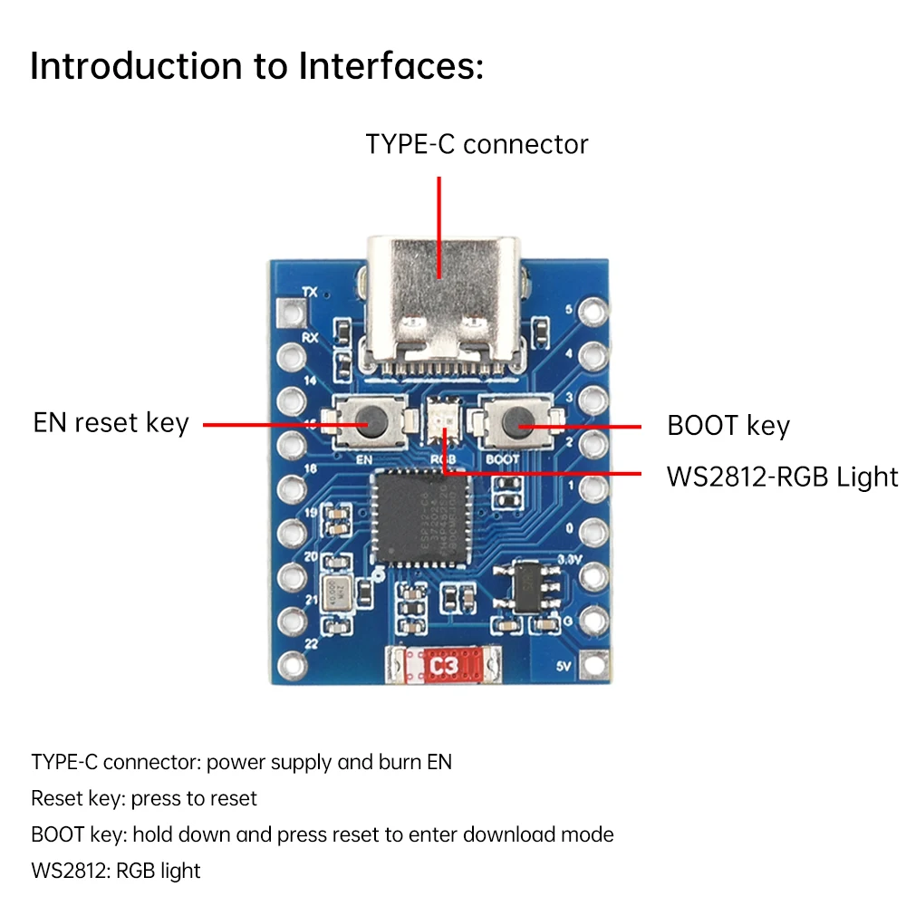 ESP32-C6-TINY لوحة تطوير صغيرة ESP32-C6FH4 WIFI وحدة بلوتوث نوع C لبرمجات التنزيل والتصحيح الأخطاء