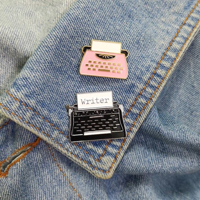 Vintage Typewriter Enamel Pin Pink Black Brooches for Backpack Clothes Lapel Pin Cartoon Badge Writer Jewelry Gift for Friends