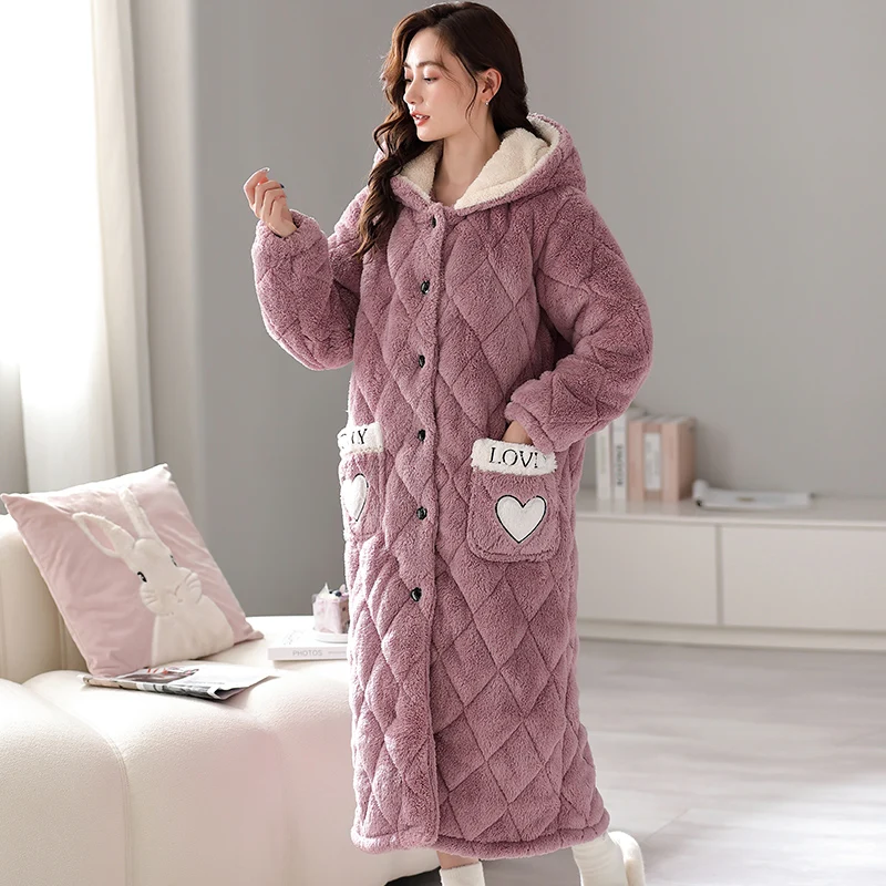 High Quality Robe Thick Warm Women Flannel Robe Winter Nightgowns Comfortable Soft 3 Layer Cotton Bathrobe With Hooded