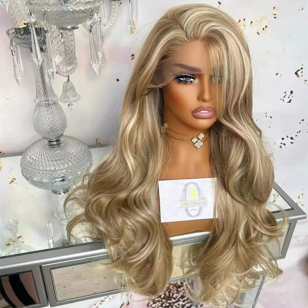 Honey Blonde Long Wavy Synthetic Wig with Highlights Balayage Lace Frontal Wig Transparent Lace Fiber Hair for Women Wear and Go