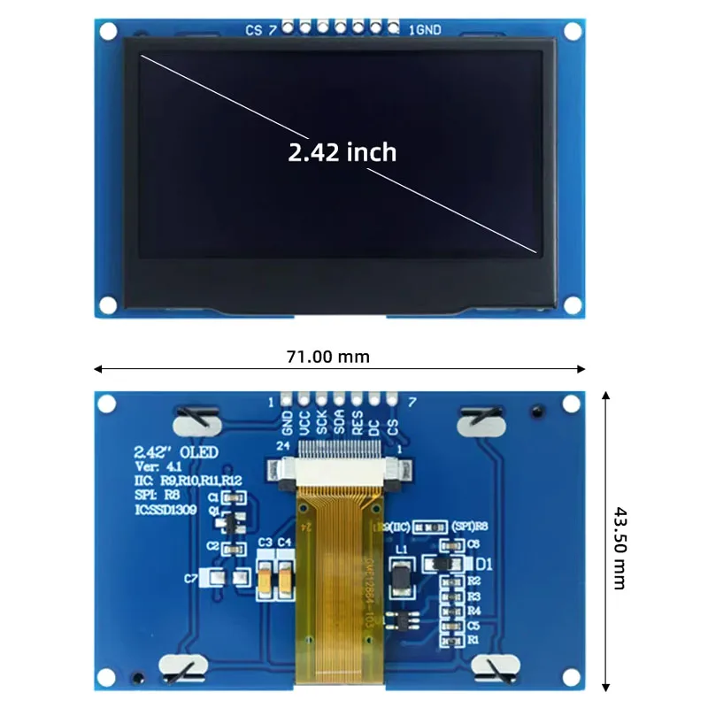 Modulo display OLED da 2,4 pollici Driver SSD1309 - Risoluzione 128x64, interfaccia I2C/SPI (7 pin) Schermo monocromatico COG