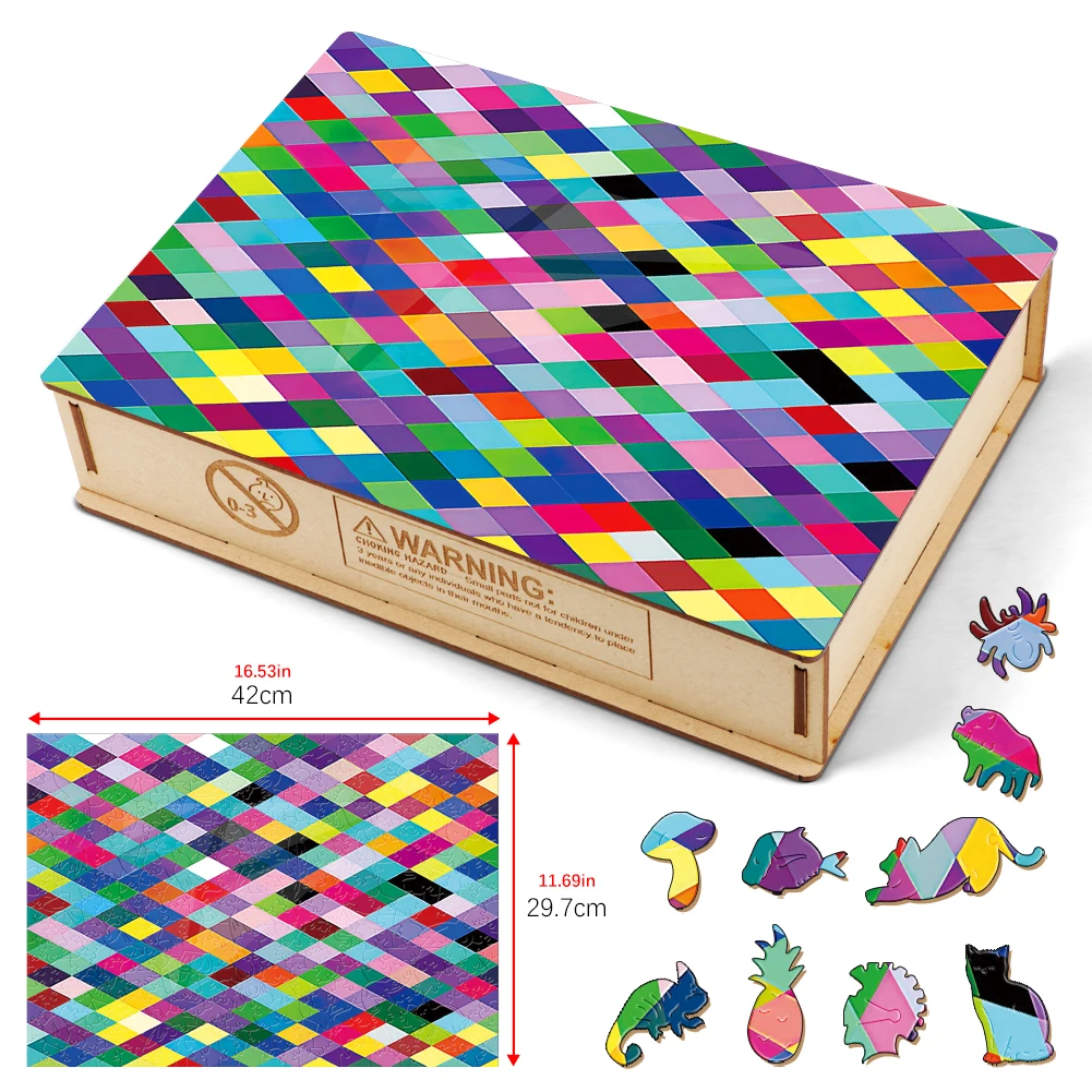 Geometrische Holz puzzle Kinderspiel zeug bunte Hintergrund Holz puzzles für Erwachsene kreative Puzzlespiele Großhandel Holzkiste