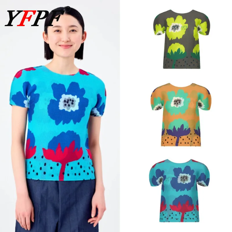 

YFPF Miyake плиссированная футболка для женщин, модный дизайн с принтом, с коротким рукавом, тонкие уличные топы контрастного цвета, повседневные новинки 2023 года