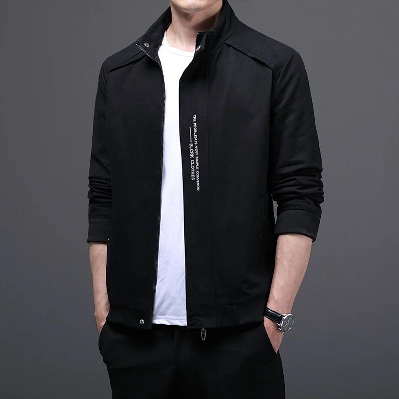 Autumn and Winter New Men's 2024 Stand Collar Splicing Zipper Pocket Letter Solid Color Casual Versatile Long Sleeved Jacket