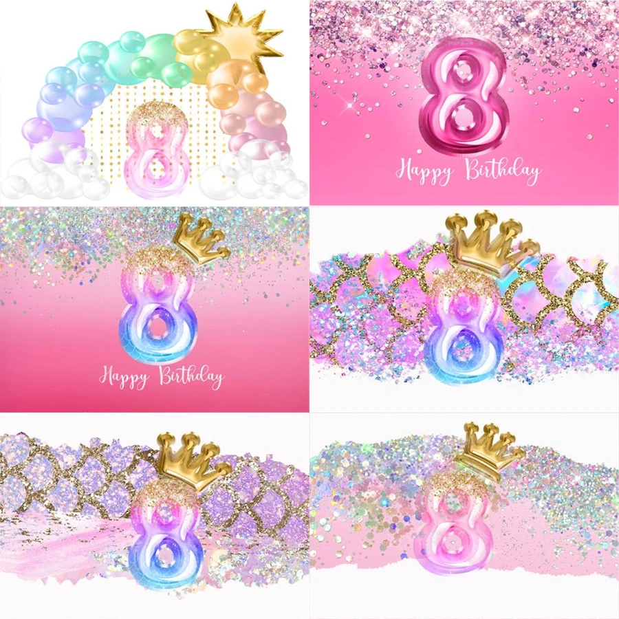 

Photography Backdrop For Girl Birthday Party Backgrounds 8th Pastel Pink Banner Balloons Glitter Princess 8 Years Old Poster